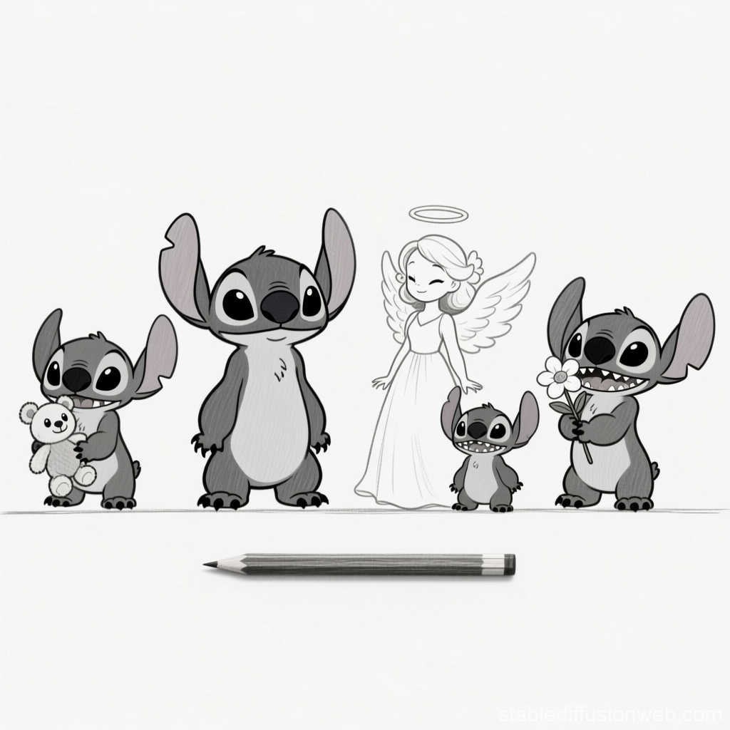 Pencil Sketch of Stitch Characters with Angel Figure