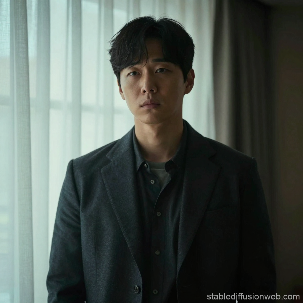 Pensive Korean Man Standing by Window