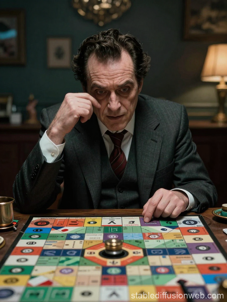 Pensive Man Playing a Strategic Board Game