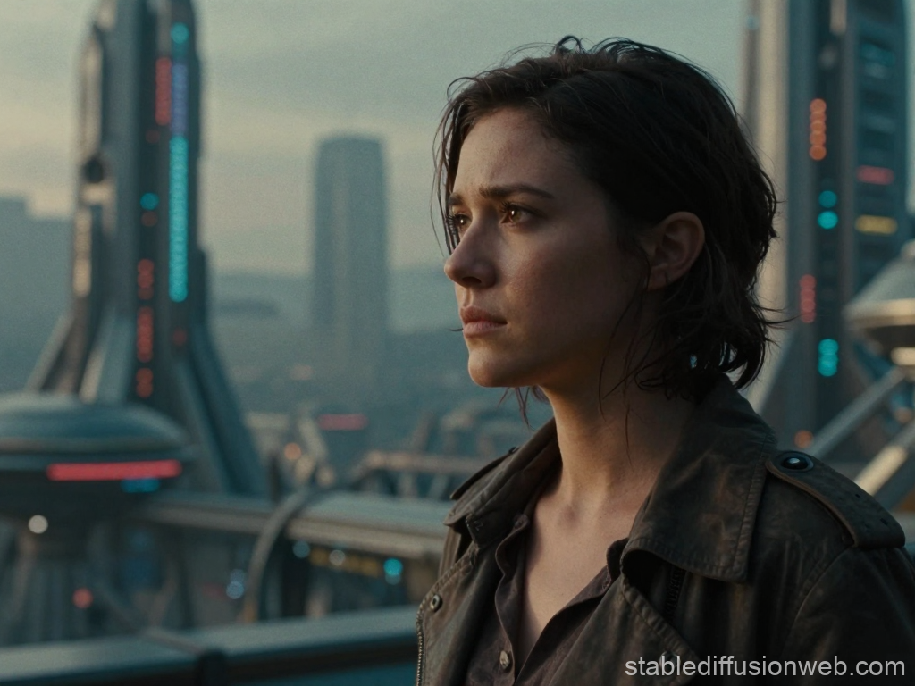 Pensive Woman in Futuristic Sci-Fi Cityscape