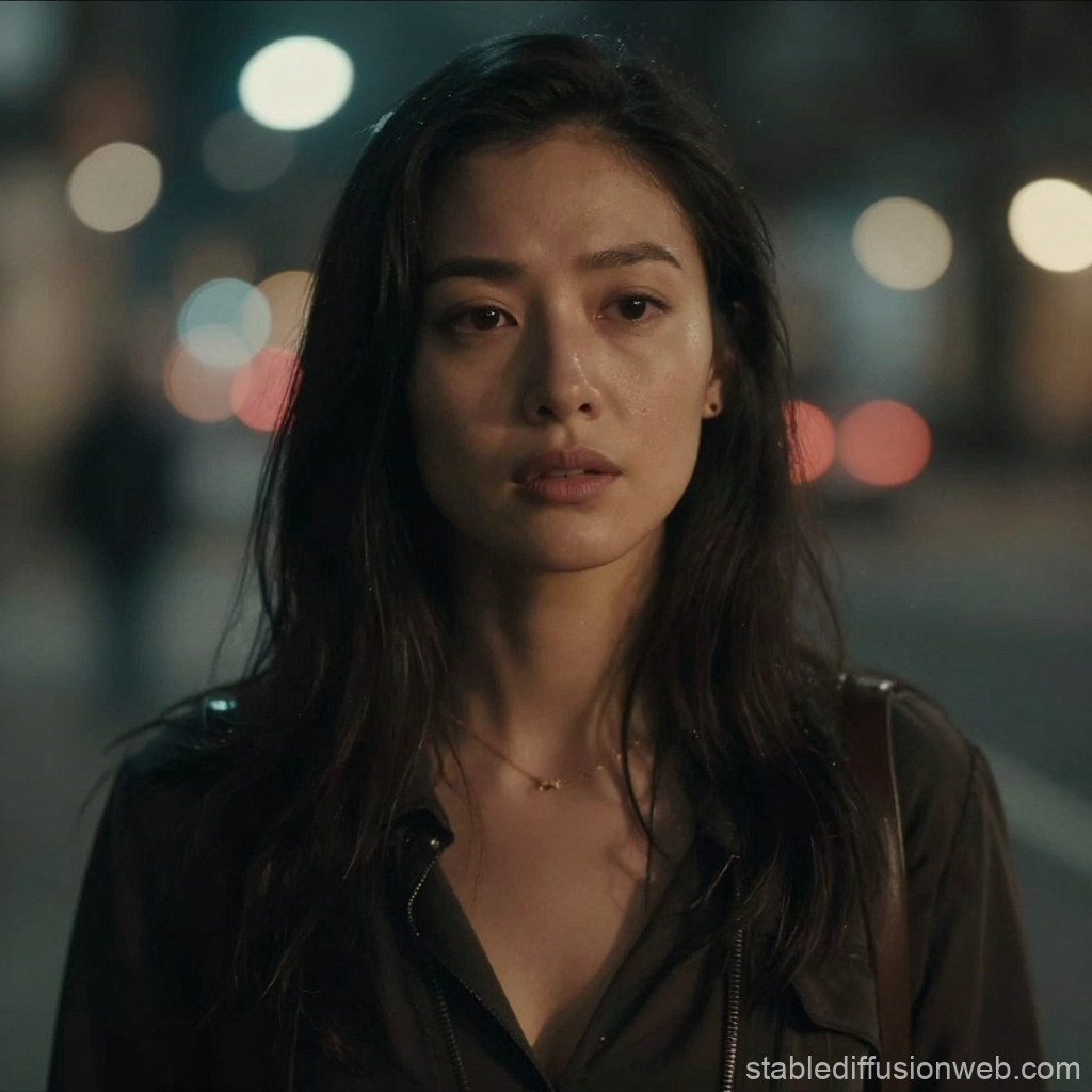 Pensive Woman in Nighttime Urban Setting
