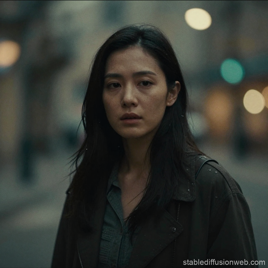 Pensive Woman in Urban Night Scene