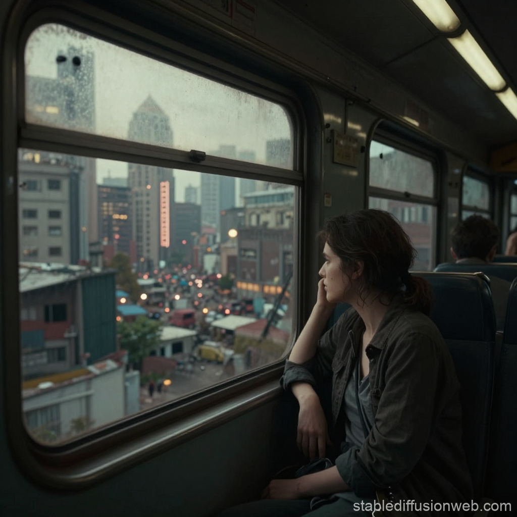 Pensive Woman Looking Out Train Window at Cityscape
