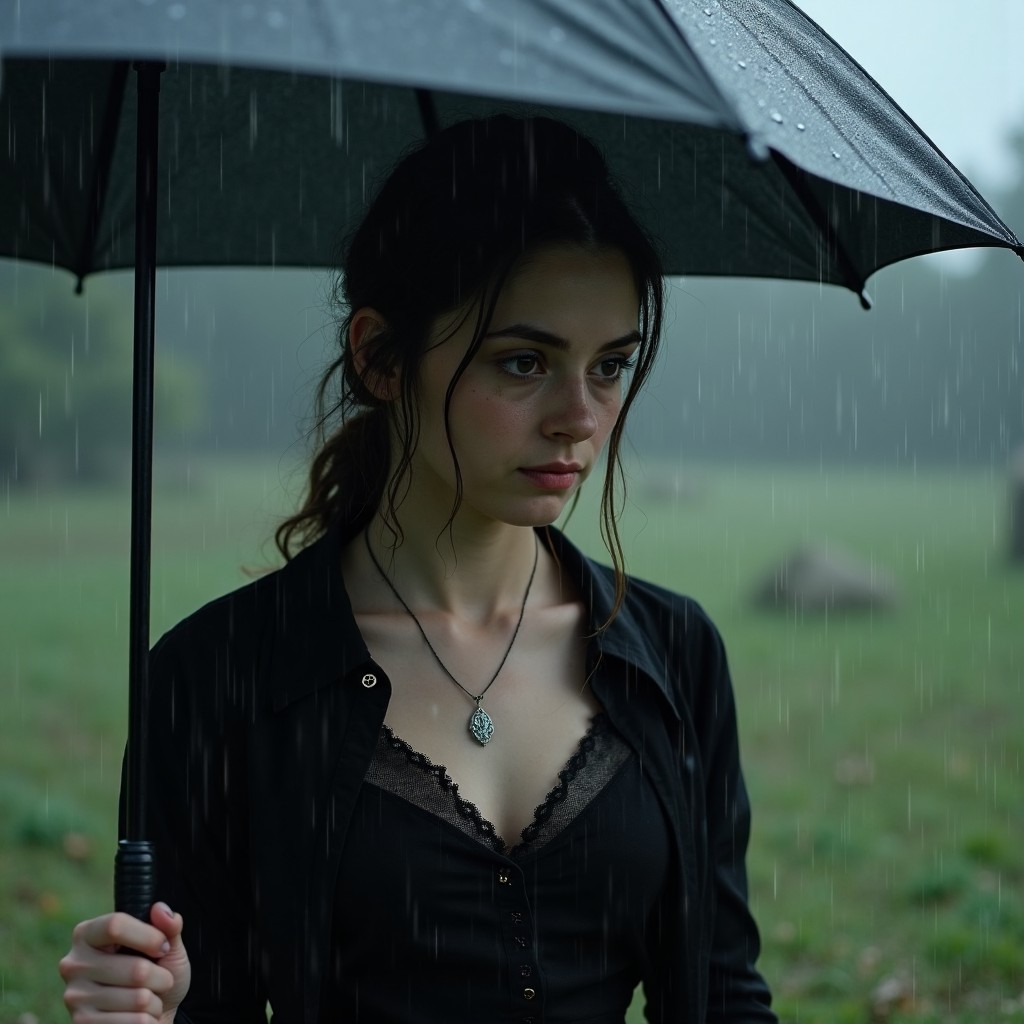 Pensive Woman Under Umbrella in the Rain