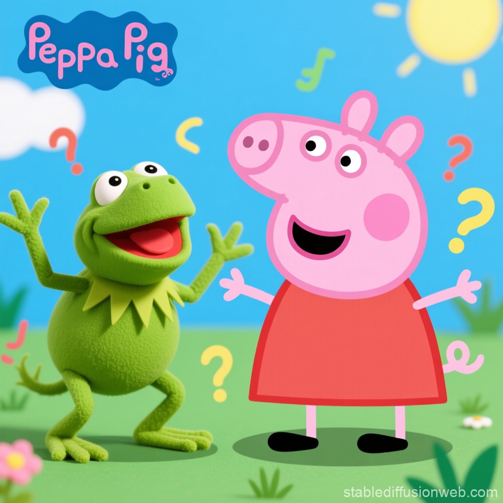 Peppa Pig and Kermit the Frog in a Colorful Cartoon Scene
