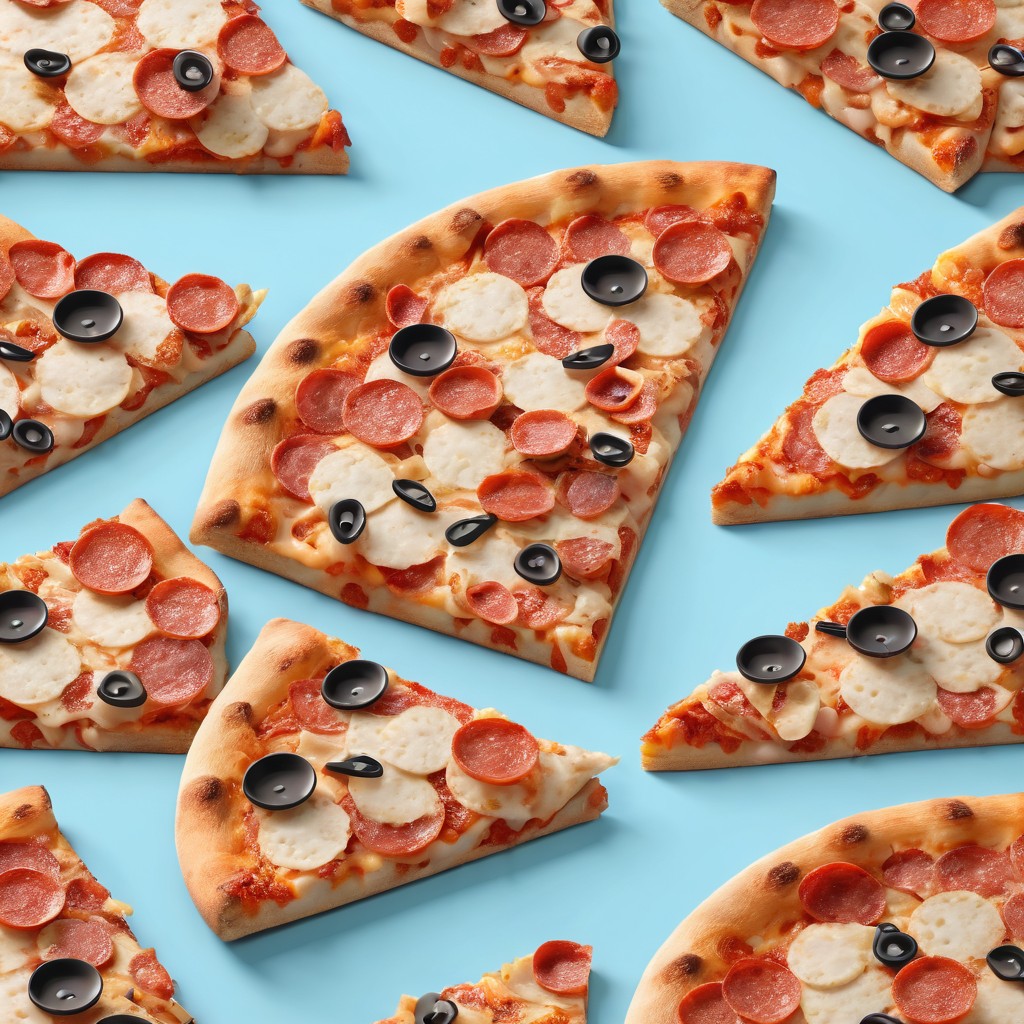 Pepperoni and Mozzarella Pizza Slices with Black Olives on Blue Background