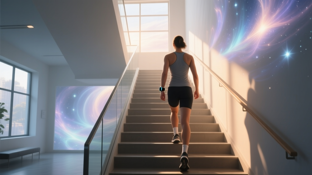 Person Ascending Staircase with Cosmic Light Effects