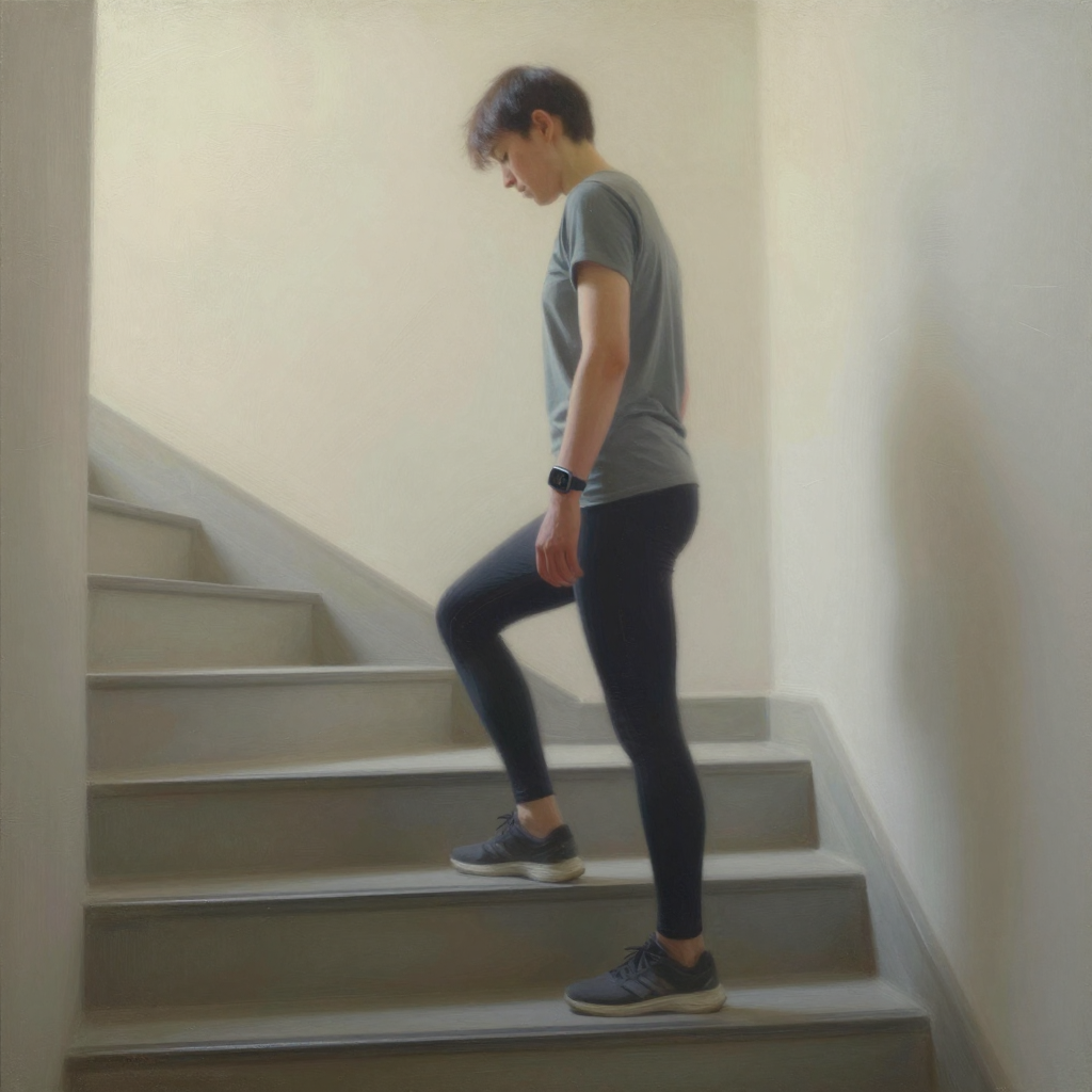 Person Climbing Stairwell in Minimalist Setting