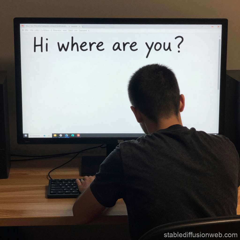 Person Facing Computer Screen with Message 'Hi where are you?'