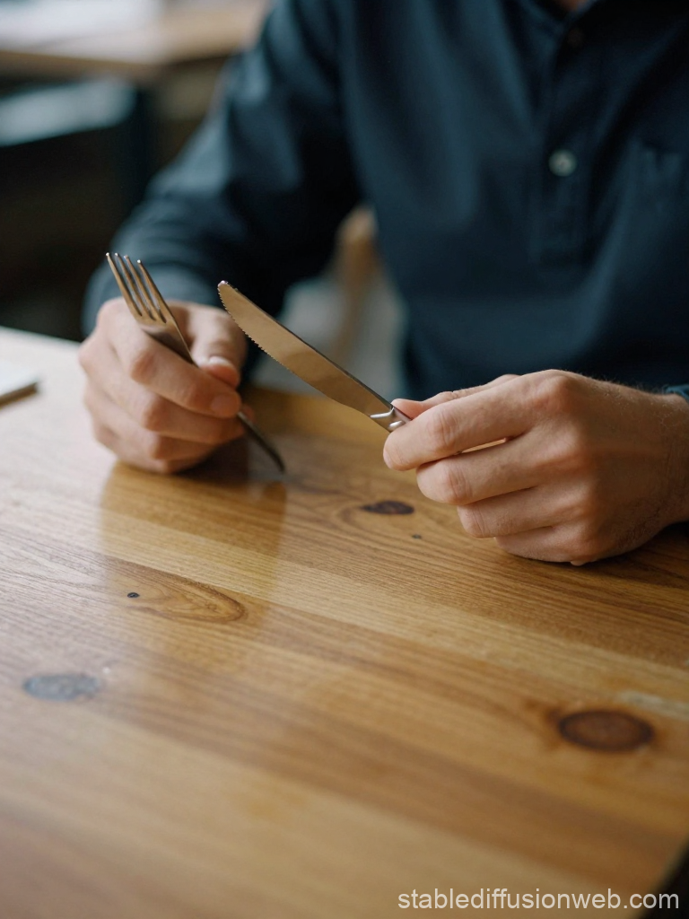 Person Holding Fork and Knife at Wooden Table