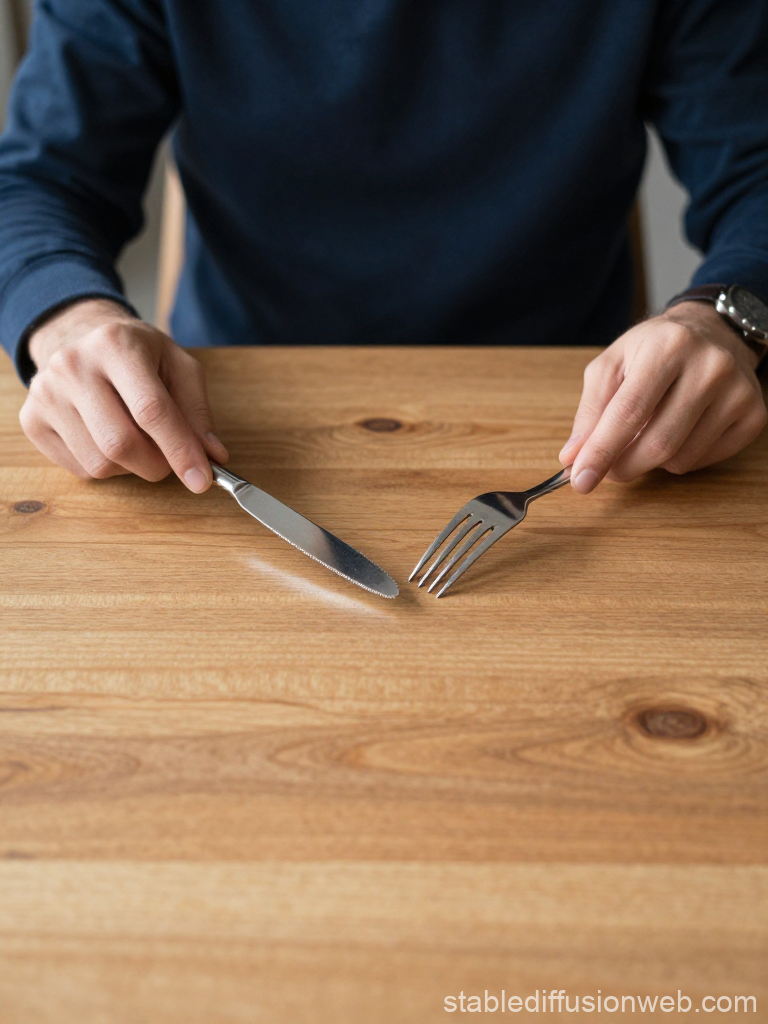 Person Holding Knife and Fork at Empty Wooden Table