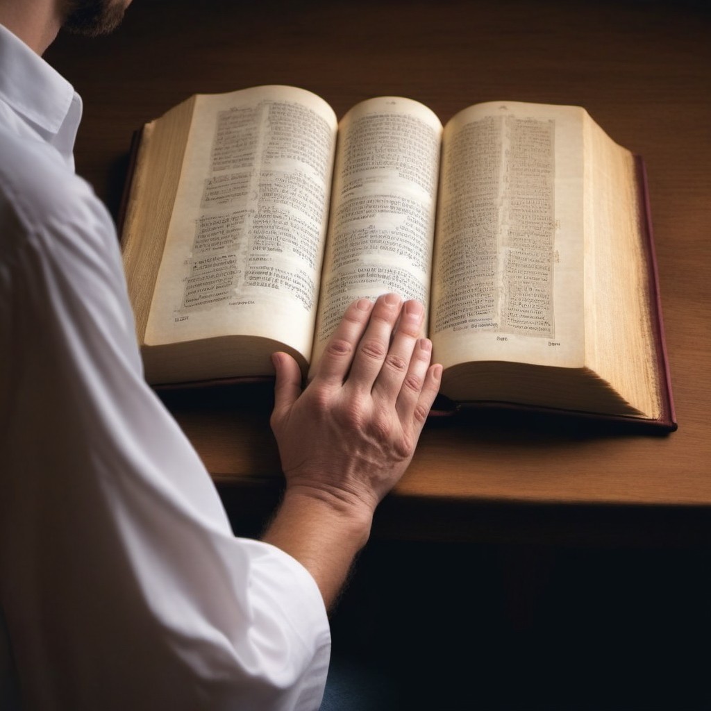 Person Reading an Old Large Book on Wooden Table