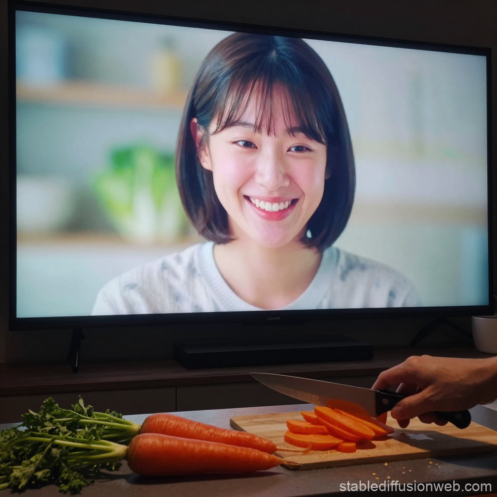 Person Slicing Carrots While Watching a Smiling Woman on Screen