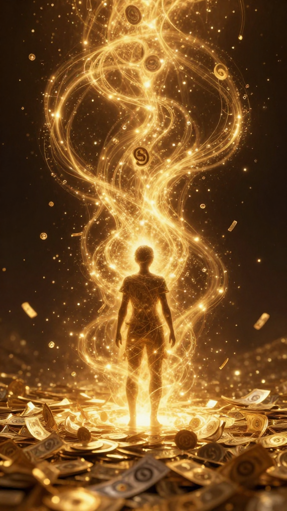 Person Surrounded by Flowing Cosmic Energy and Currency