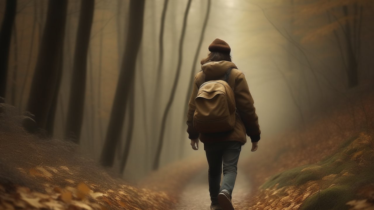 Person Walking Alone on a Misty Forest Path