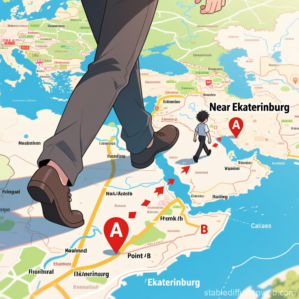 Person Walking on a Stylized Map Near Ekaterinburg