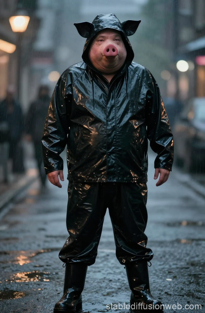 Person Wearing Pig Mask and Black Latex Raincoat in Urban Setting