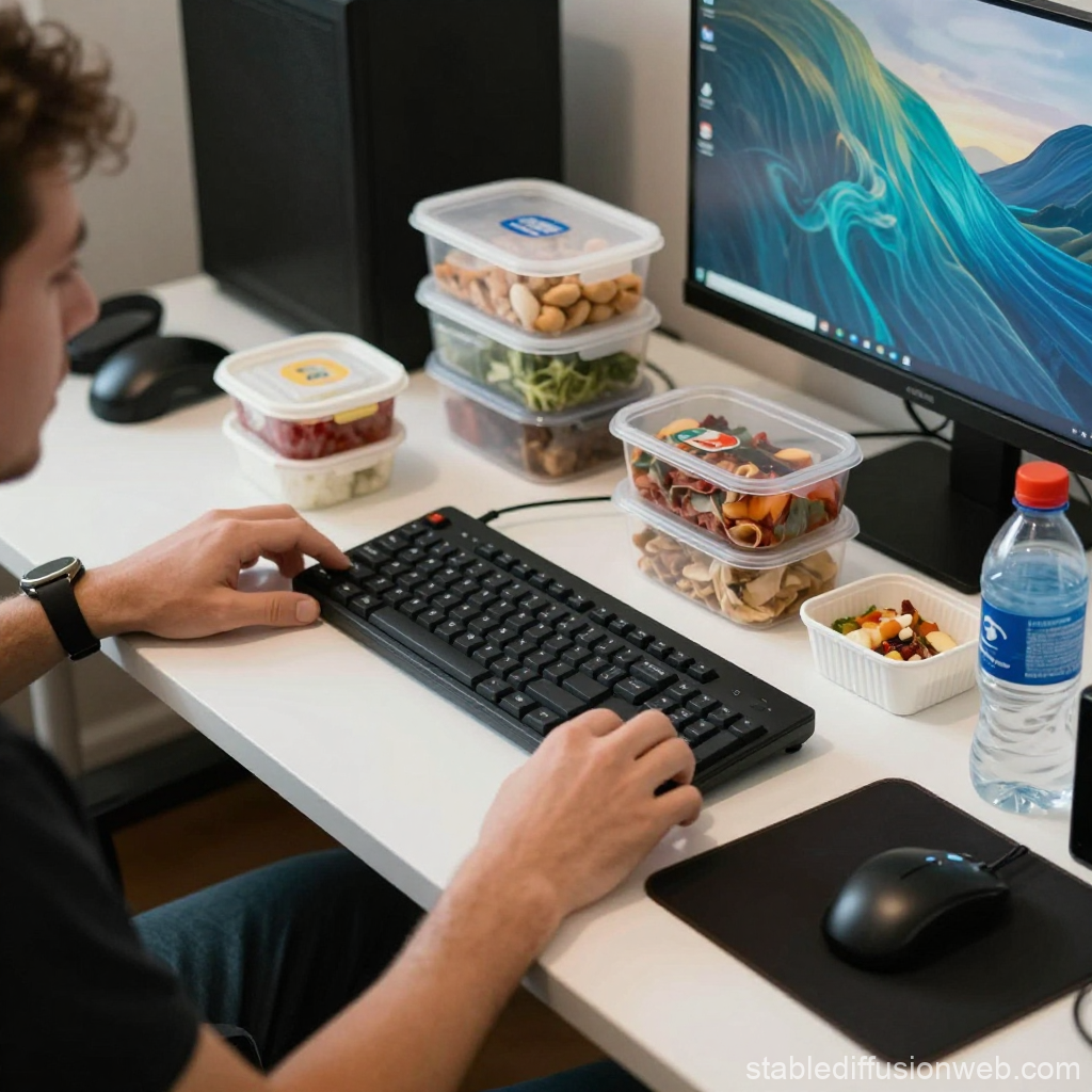 Person Working at Desk with Healthy Snacks and Computer Setup