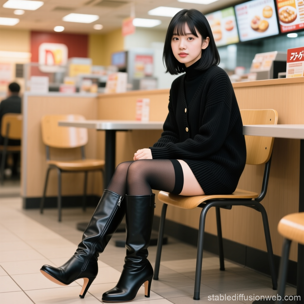 Petite Woman in Black Sitting in Casual Cafe Setting