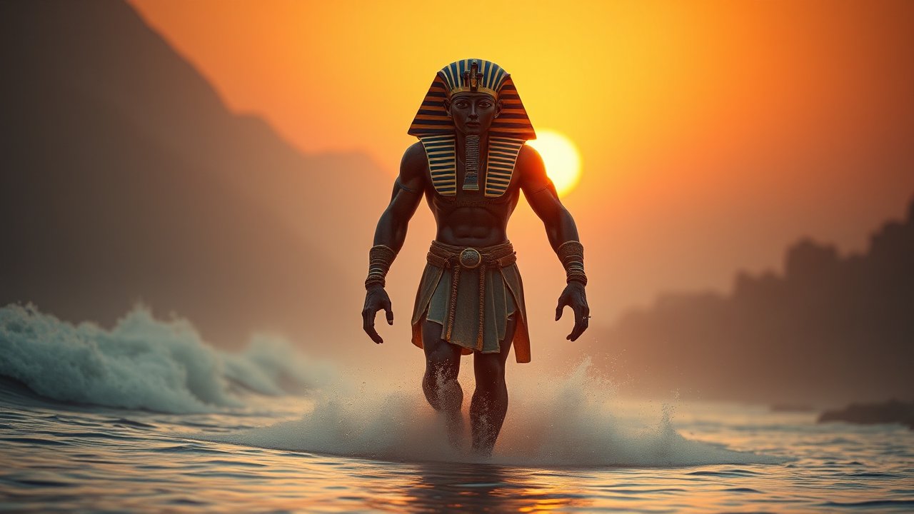 Pharaoh Walking Through Water at Sunset