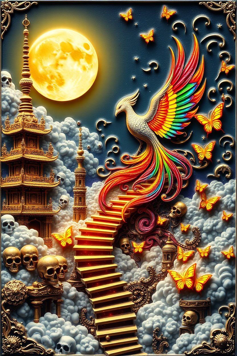 Phoenix Ascending Amid Golden Skulls and Butterflies Under Full Moon