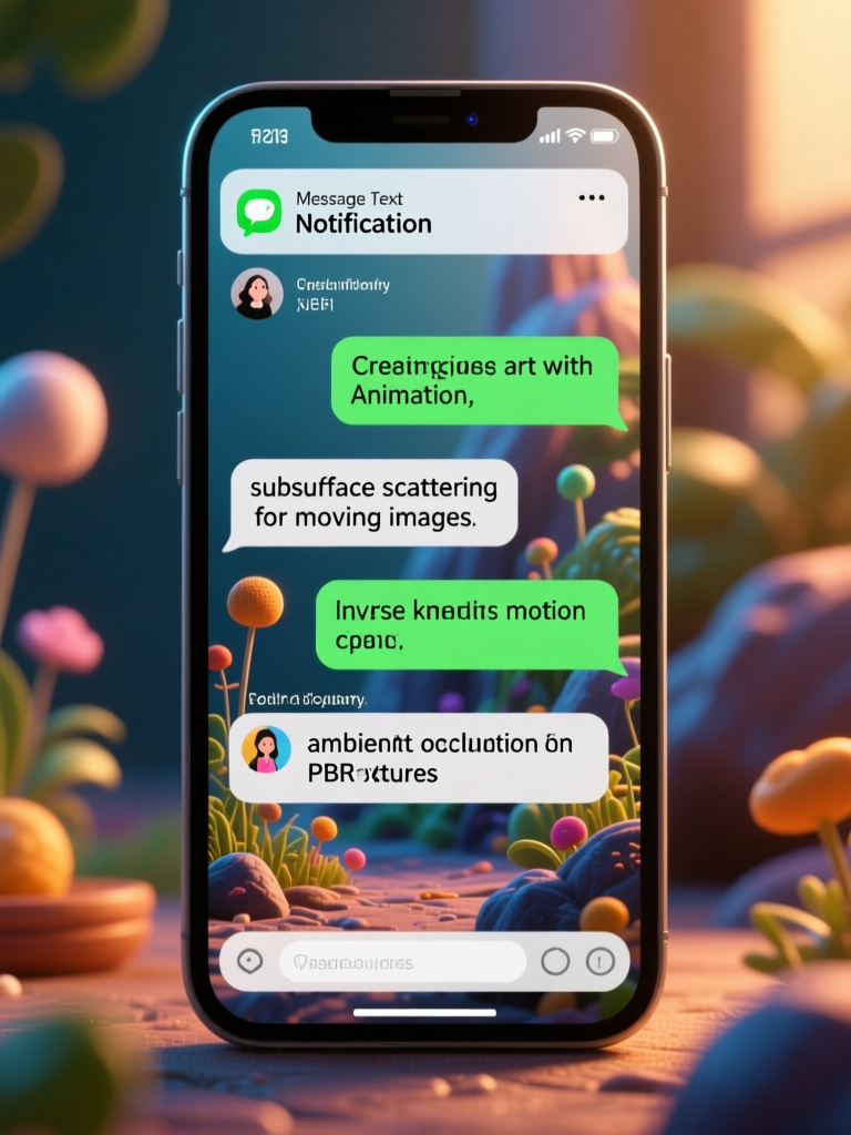 Phone Screen Showing Artistic Chat Notification with 3D Background