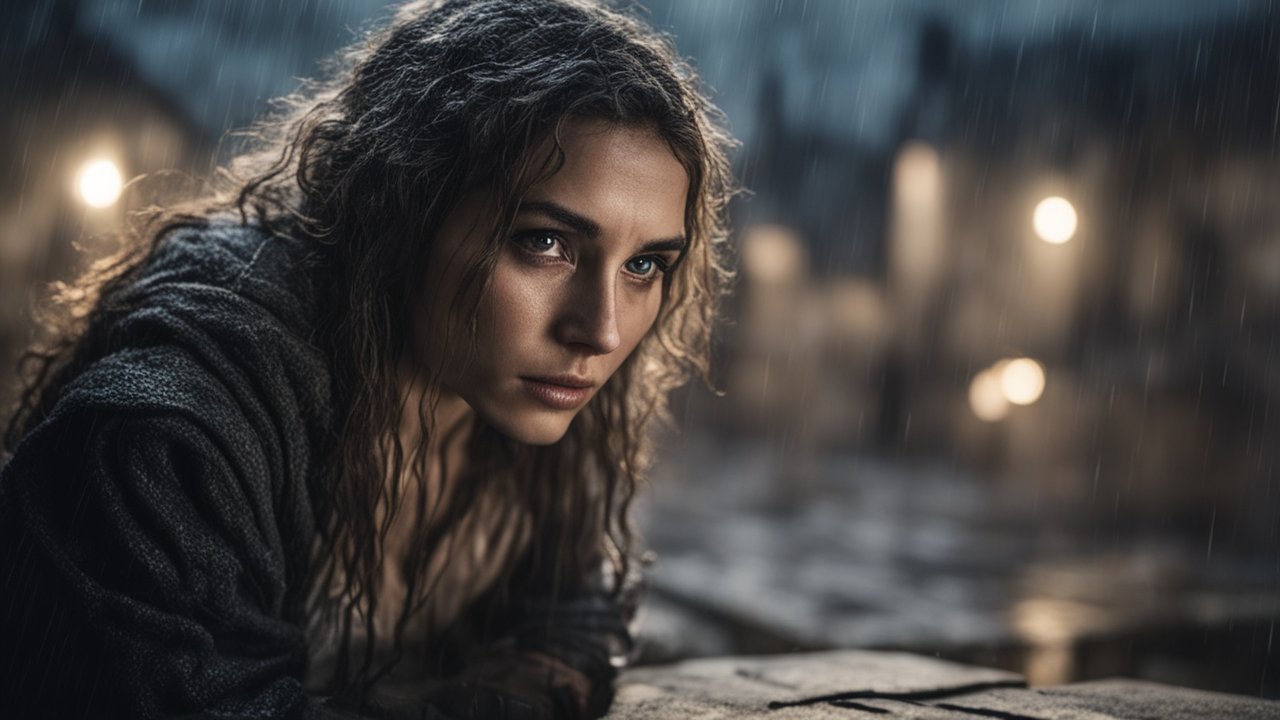 Photorealistic Close-Up of Woman in Rainy Night