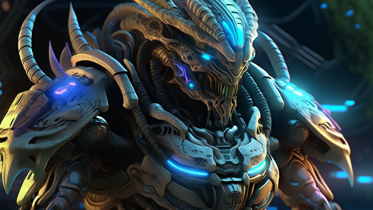 Photorealistic Cyborg Apache Warrior with Glowing Blue Accents