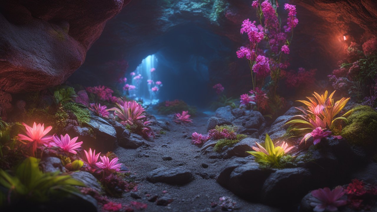 Photorealistic Dark Underground Cave with Vibrant Flowers