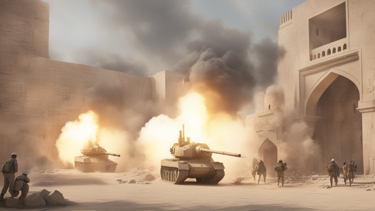Photorealistic Desert Battle with Tanks and Soldiers