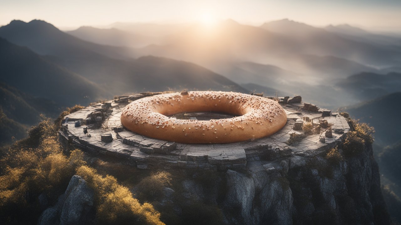 Photorealistic Giant Donut on Mountain Ruins at Sunrise