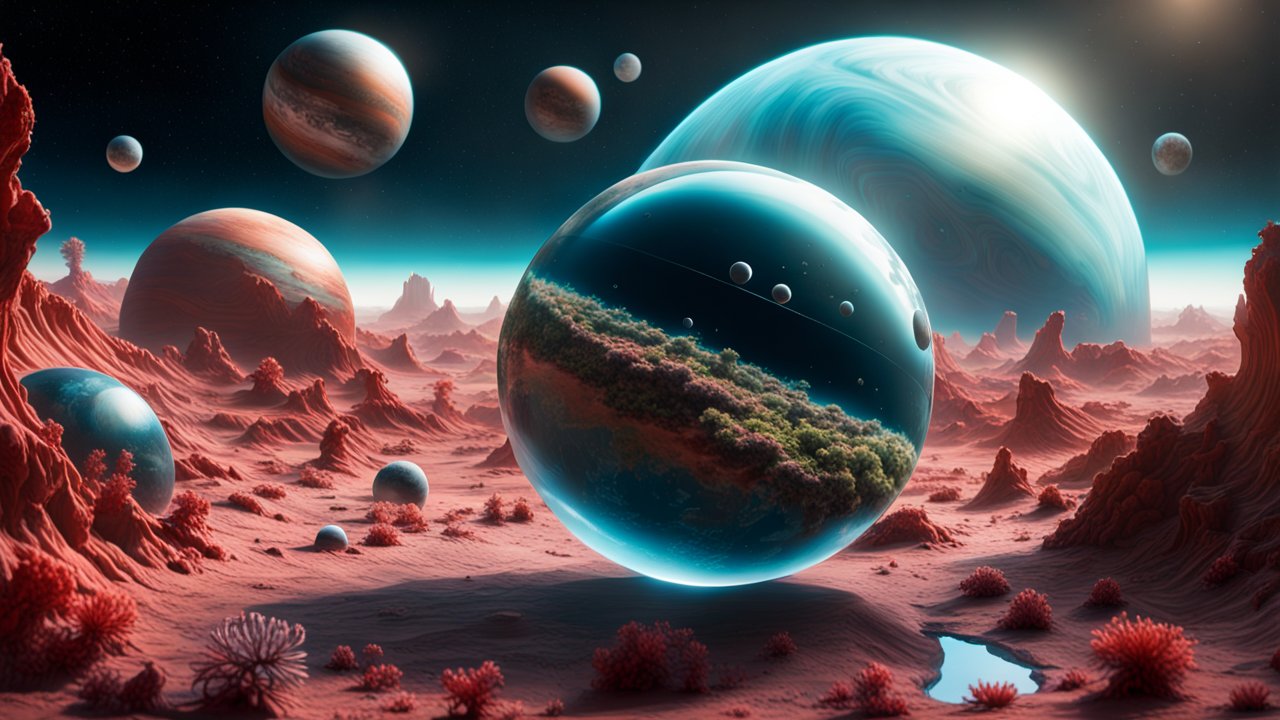 Photorealistic Glass Planet in Alien Desert Landscape