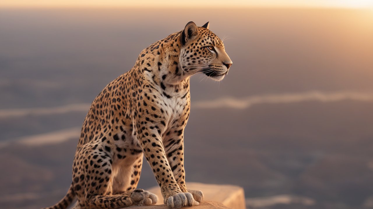 Photorealistic Leopard Sitting on a Rock at Sunset