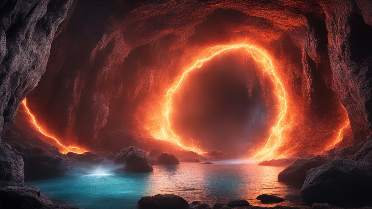 Photorealistic Magical Portal in a Fiery Cave