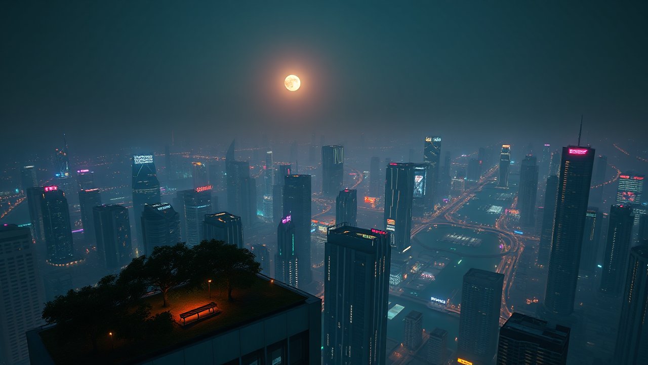 Photorealistic Night Cityscape with Full Moon
