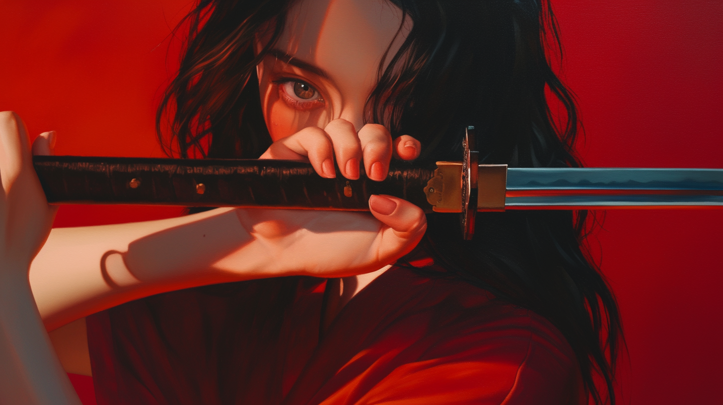 Photorealistic Oil Painting of Woman Holding Katana