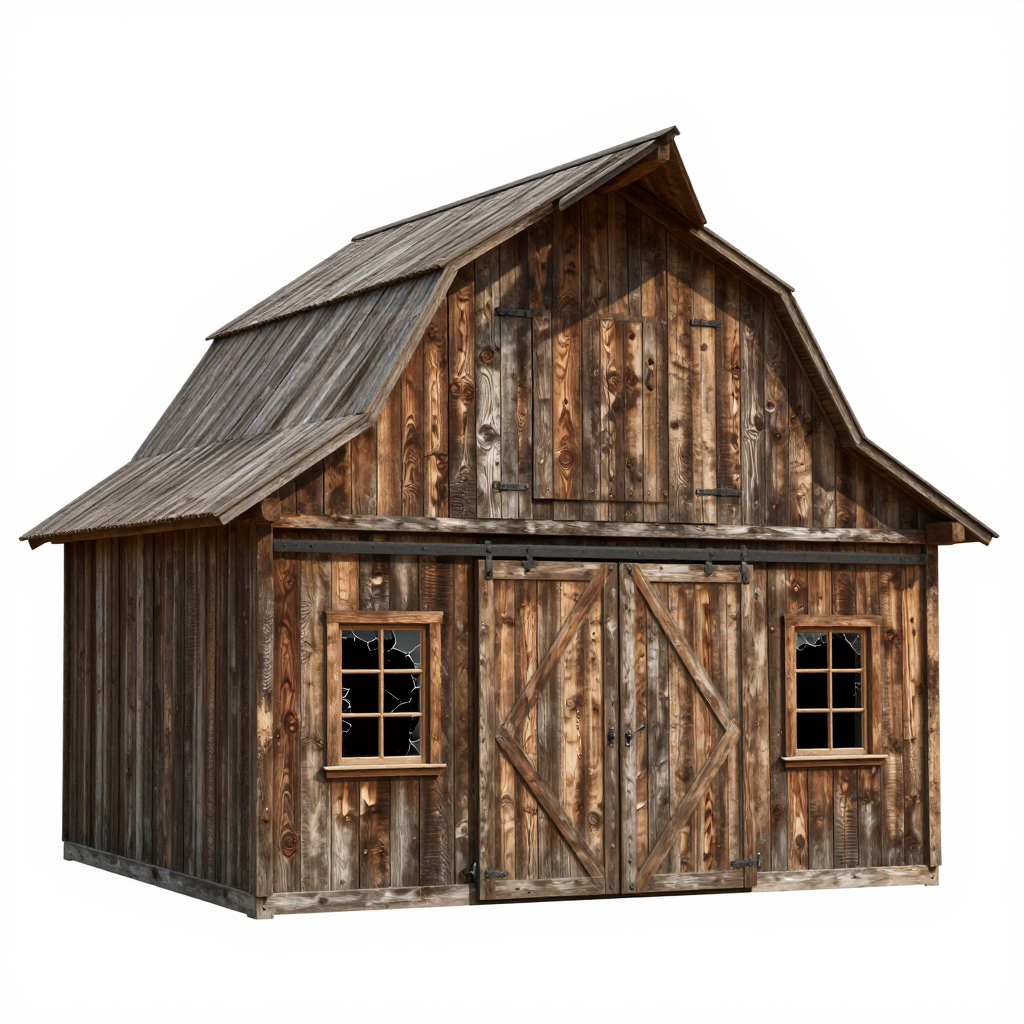 Photorealistic Old Wooden Barn with Broken Windows