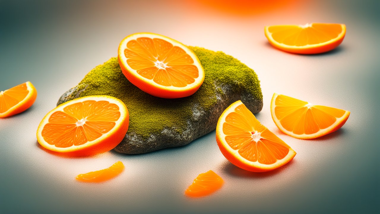 Photorealistic Orange Slices on Mossy Rock