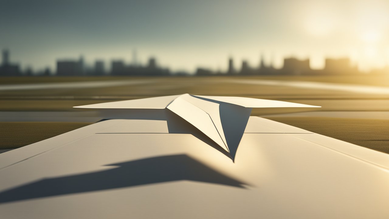 Photorealistic Paper Plane on Runway at Sunset
