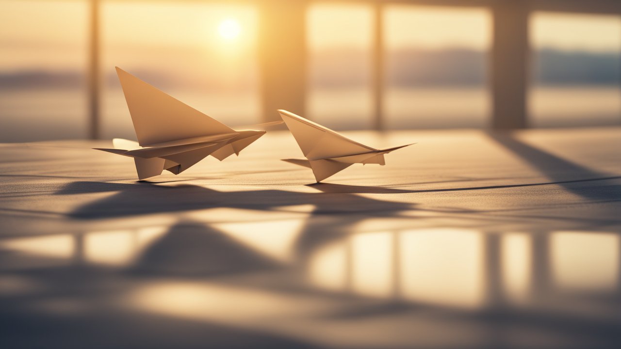 Photorealistic Paper Planes at Sunset