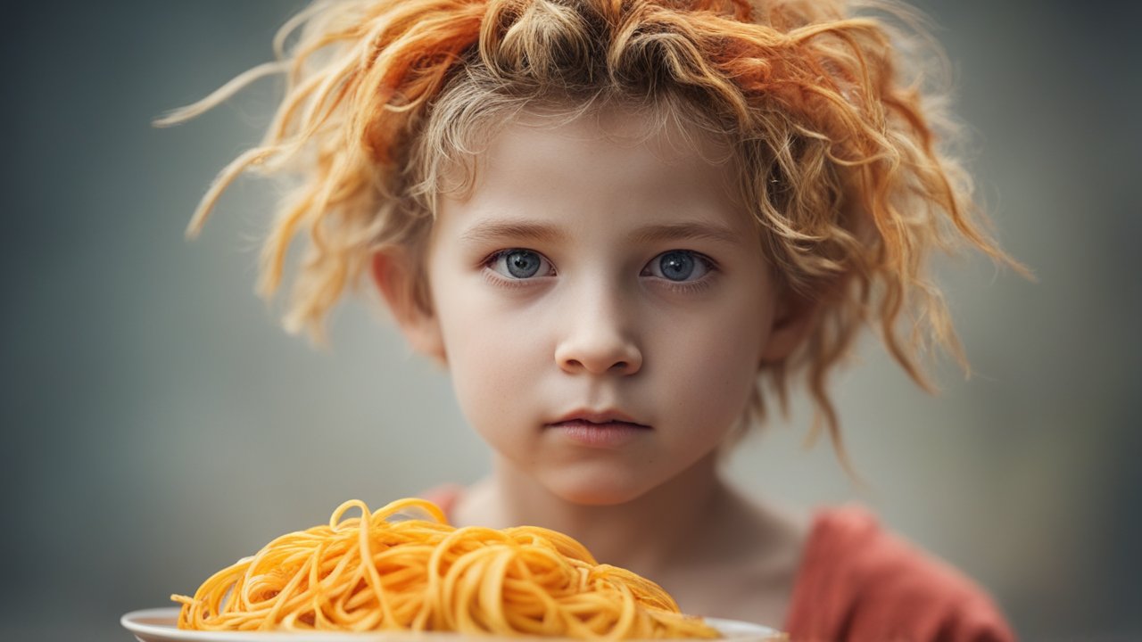 Photorealistic Portrait of a Child Holding Spaghetti
