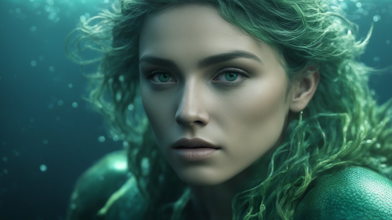 Photorealistic Portrait of a Green-Blue Triton