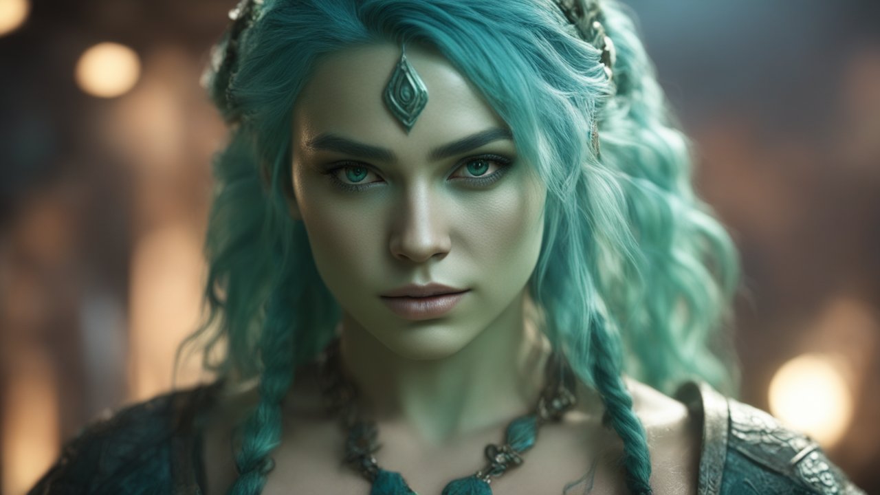 Photorealistic Portrait of a Green-Blue Triton Woman