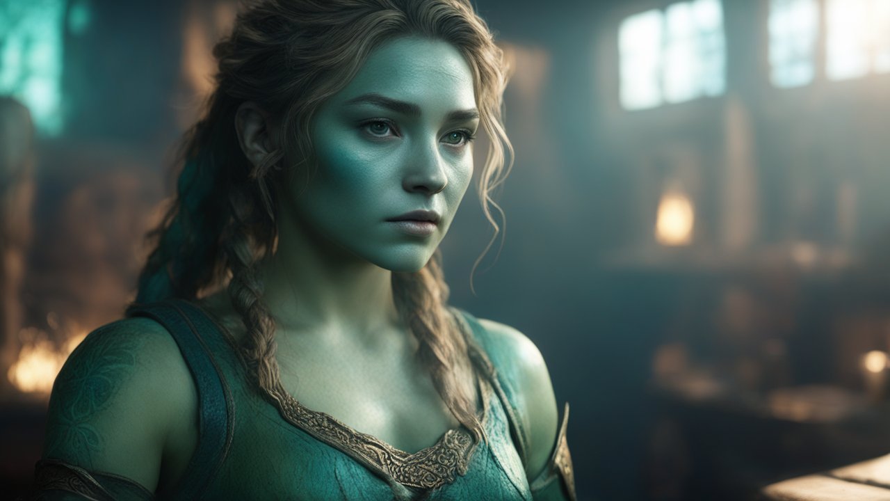 Photorealistic Portrait of a Green-Toned Fantasy Warrior Woman
