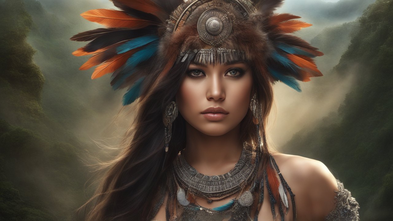 Photorealistic Portrait of a Woman in Tribal Feather Headdress