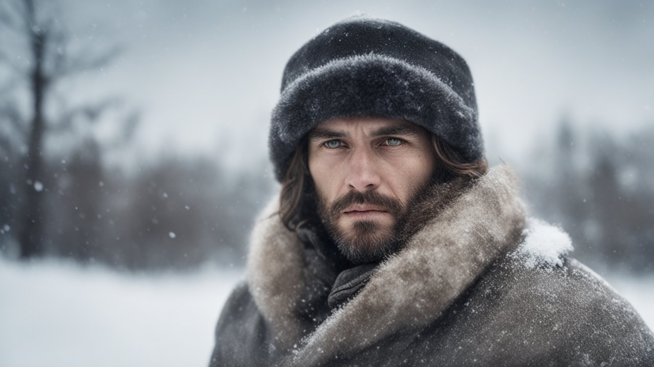 Photorealistic Portrait of Man Wearing Ushanka in Snow
