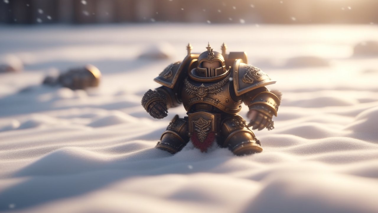 Photorealistic Warhammer Figure in Snowy Landscape