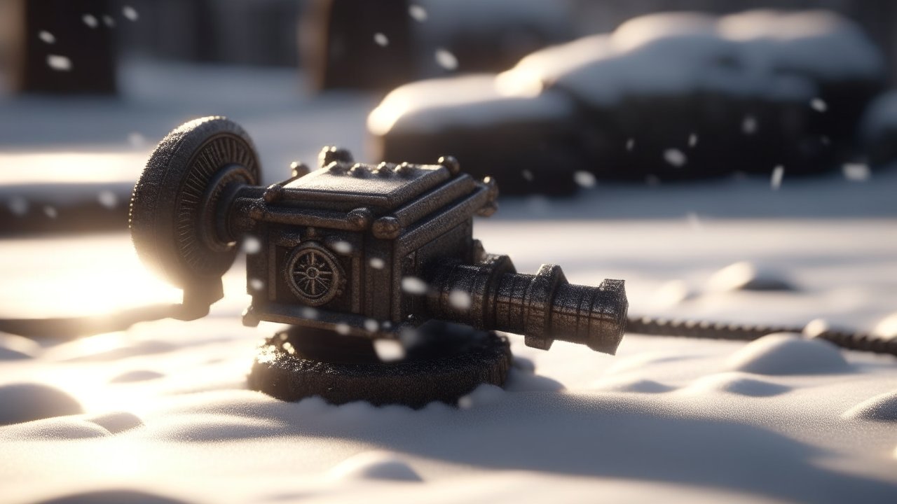 Photorealistic Warhammer Style Mechanical Device in Snow