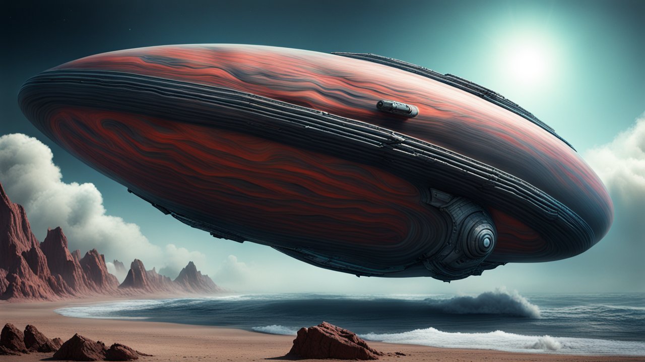 Photorealistic Warpdrive Spaceship Over Alien Beach