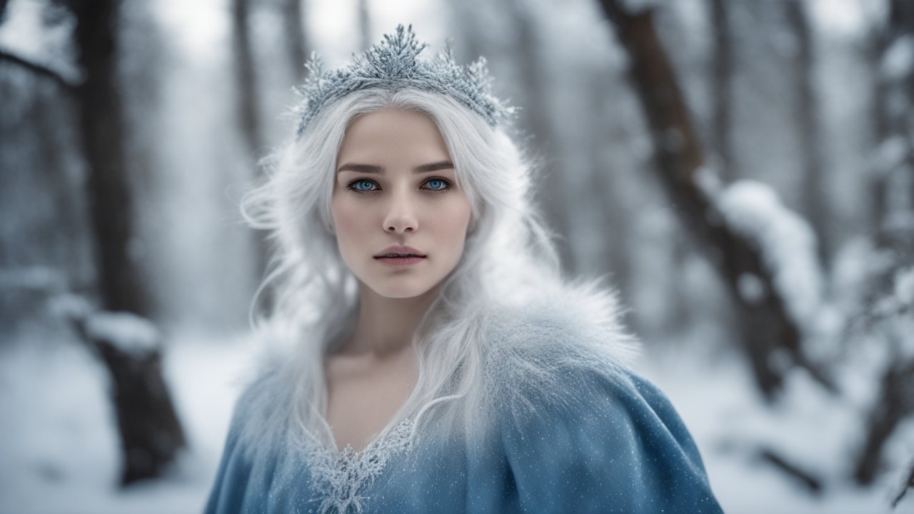 Photorealistic Winter Queen with Icy Crown in Snowy Forest
